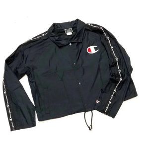 Champion Women's Zipper Tape Cropped Oversized C Script Logo Jacket Black Size S